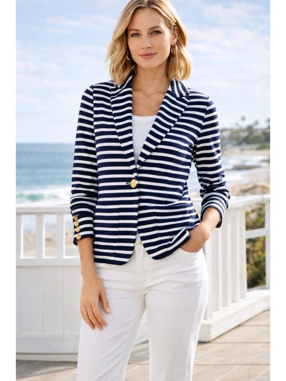 Ralph Lauren Striped Navy & White Blazer Jacket - Classic Women's Knit Blazer